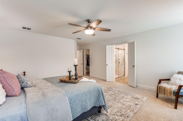 2120 Burnside Dr, Fort Worth, TX 76177 - bedroom with light colored carpet, baseboards, ceiling fan, and ensuite bath