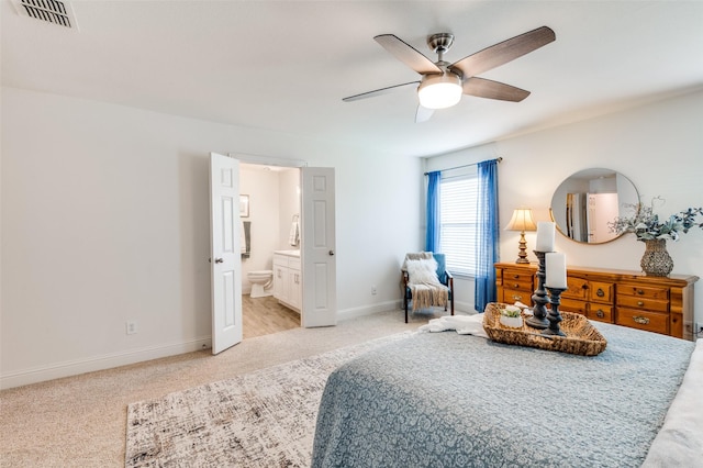 2120 Burnside Dr, Fort Worth, TX 76177 - bedroom with light carpet, ensuite bath, baseboards, and a ceiling fan