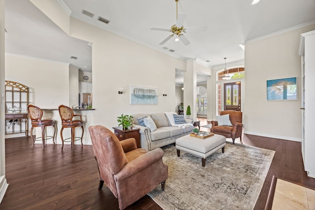 508 Wellington Rd, Coppell, TX 75019 - living area with a ceiling fan, crown molding, dark wood-style flooring, baseboards, and recessed lighting