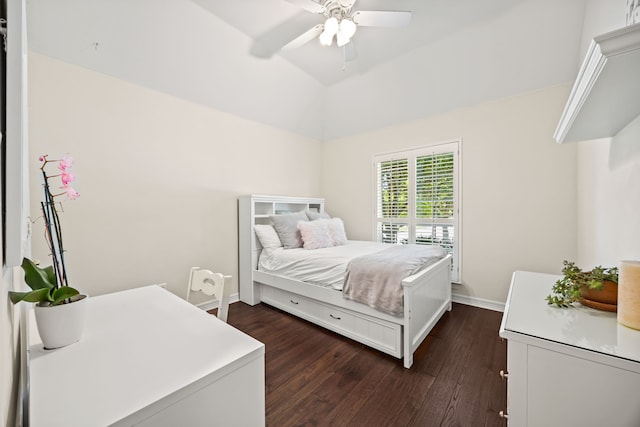 508 Wellington Rd, Coppell, TX 75019 - bedroom featuring dark wood-style floors, baseboards, a ceiling fan, and lofted ceiling