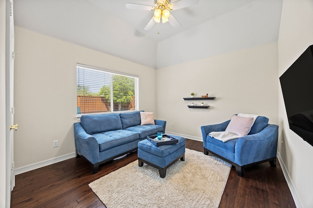 508 Wellington Rd, Coppell, TX 75019 - living room featuring dark wood-type flooring, a ceiling fan, lofted ceiling, and baseboards
