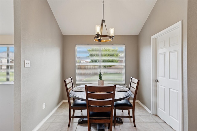 14065 Tanglebrush Trl, Fort Worth, TX 76052 - dining room with a chandelier, vaulted ceiling, light tile patterned flooring, and baseboards