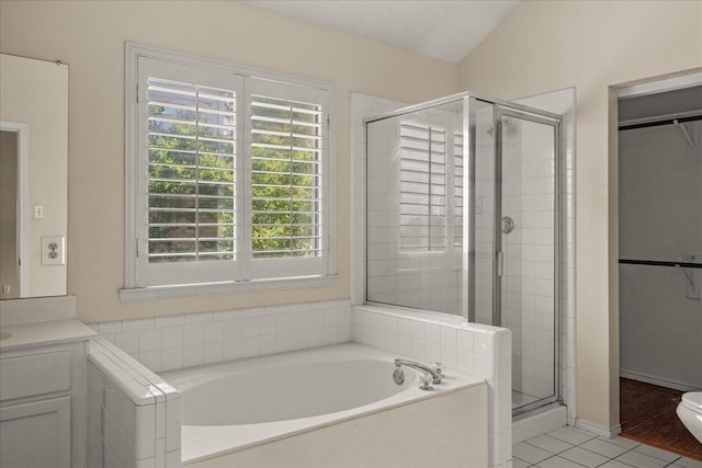 1214 Meadowbend Ct, Allen, TX 75002 - bathroom featuring a shower stall, a garden tub, tile patterned floors, and vanity