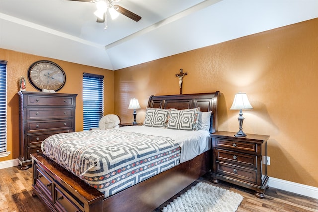 1740 Northview, Carrollton, TX 75007 - bedroom featuring wood finished floors, vaulted ceiling, baseboards, and ceiling fan
