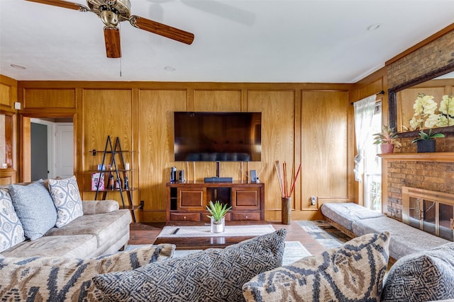 1740 Northview, Carrollton, TX 75007 - living area with a ceiling fan, a fireplace, and wood walls