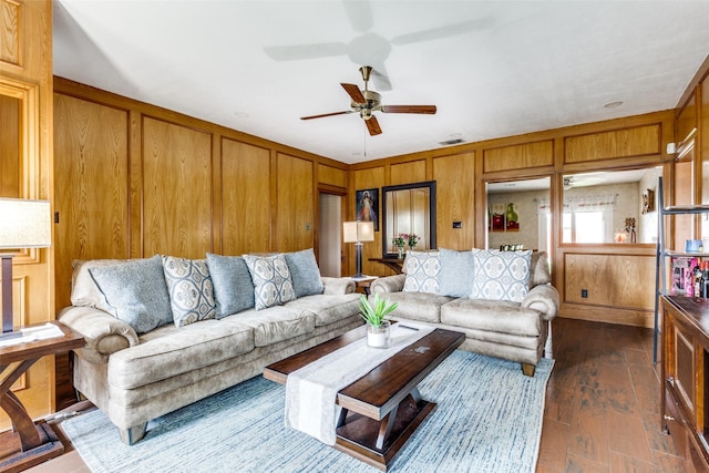 1740 Northview, Carrollton, TX 75007 - living area featuring a ceiling fan, dark wood-type flooring, and wooden walls