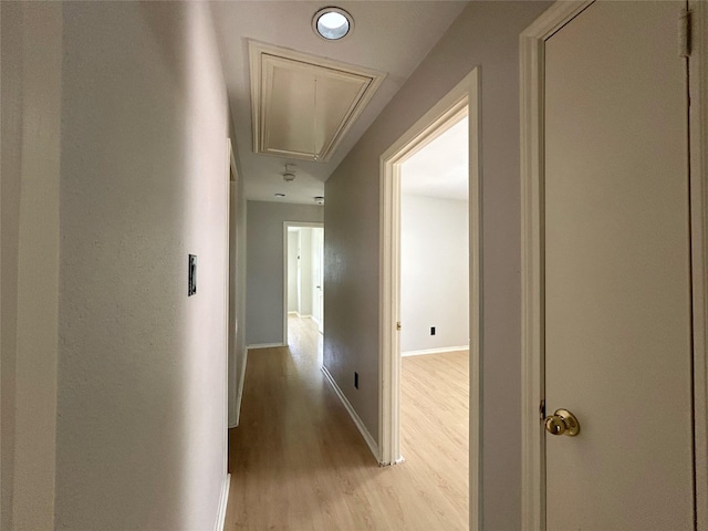 2114 Montclair Ln, Lewisville, TX 75067 - corridor with attic access, light wood-type flooring, and baseboards