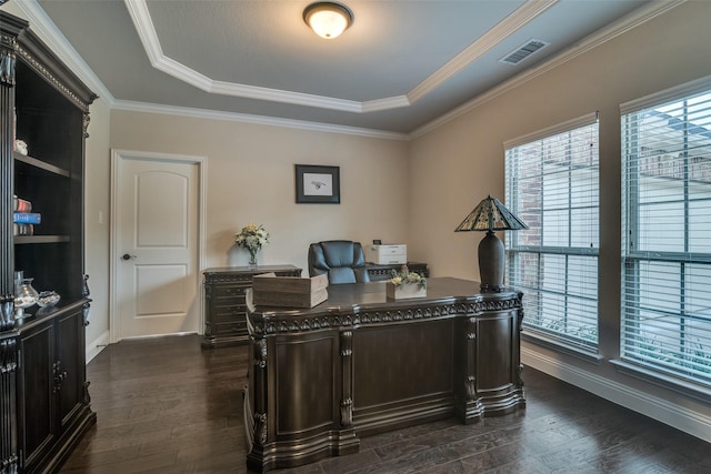 611 Southwestern Dr, Rockwall, TX 75087 - home office with a raised ceiling, healthy amount of natural light, dark wood-type flooring, and crown molding