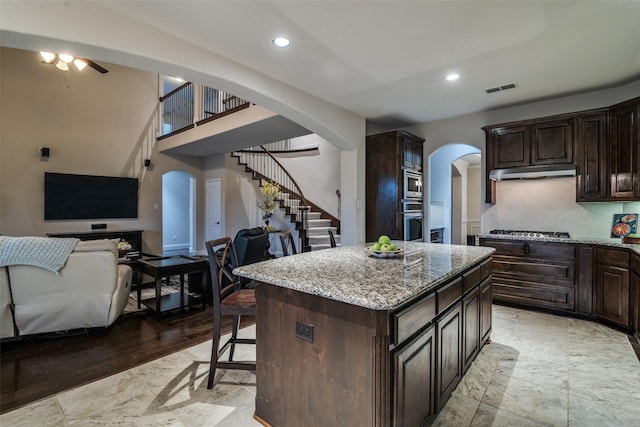 611 Southwestern Dr, Rockwall, TX 75087 - kitchen with arched walkways, stainless steel appliances, under cabinet range hood, open floor plan, and light stone counters