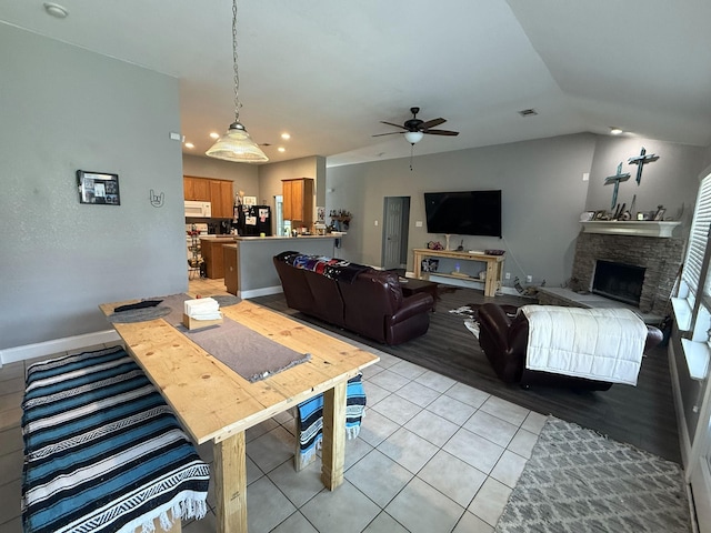 544 Bent Oak Dr, Fort Worth, TX 76131 - living area featuring ceiling fan, light tile patterned flooring, recessed lighting, baseboards, and a stone fireplace