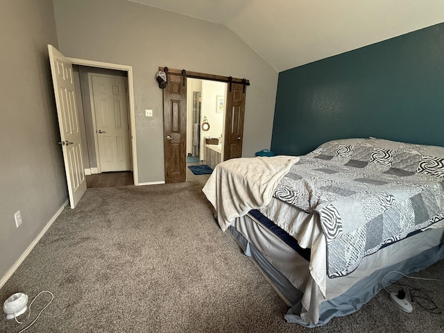 544 Bent Oak Dr, Fort Worth, TX 76131 - carpeted bedroom with lofted ceiling, a barn door, ensuite bathroom, and baseboards