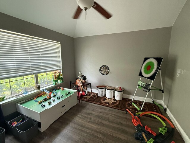 544 Bent Oak Dr, Fort Worth, TX 76131 - game room featuring vaulted ceiling, wood finished floors, a ceiling fan, and baseboards
