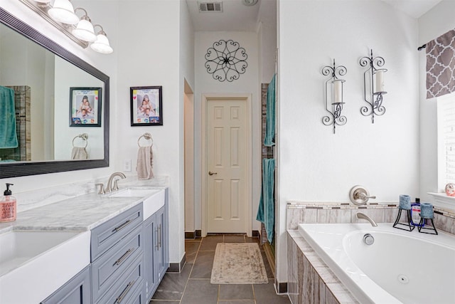 544 Bent Oak Dr, Fort Worth, TX 76131 - bathroom with a jetted tub, double vanity, tile patterned flooring, and a shower