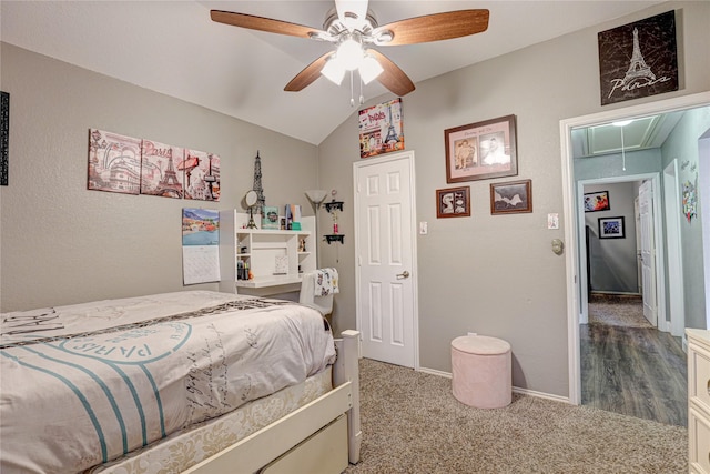 544 Bent Oak Dr, Fort Worth, TX 76131 - bedroom featuring attic access, vaulted ceiling, carpet, baseboards, and a ceiling fan