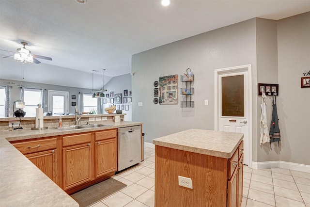 544 Bent Oak Dr, Fort Worth, TX 76131 - kitchen featuring stainless steel dishwasher, a ceiling fan, light tile patterned flooring, light countertops, and lofted ceiling