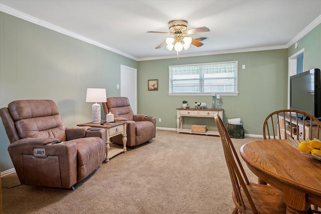 2827 Pritchett Dr, Irving, TX 75061 - living area featuring crown molding, a ceiling fan, carpet, and baseboards
