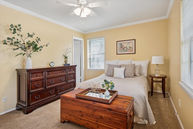 2827 Pritchett Dr, Irving, TX 75061 - bedroom featuring light colored carpet, crown molding, baseboards, and a ceiling fan