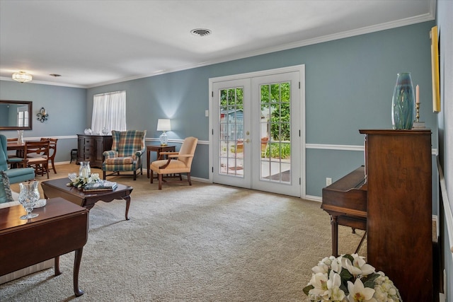 2827 Pritchett Dr, Irving, TX 75061 - carpeted living room with french doors, healthy amount of natural light, ornamental molding, and baseboards