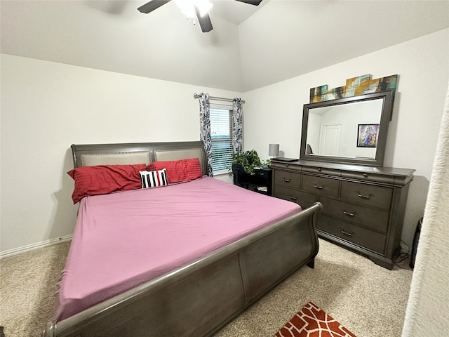 7239 Clementine Dr, Irving, TX 75063 - bedroom featuring light colored carpet, lofted ceiling, and ceiling fan