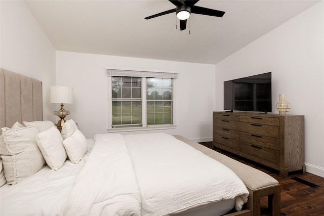 24882 US Highway 377, Whitesboro, TX 76273 - bedroom with dark wood-style floors, baseboards, lofted ceiling, and ceiling fan