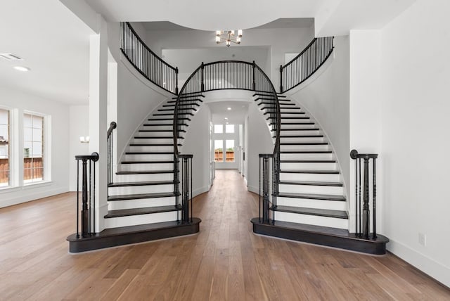 1758 Cousins Trl, Frisco, TX 75034 - entrance foyer with stairway, baseboards, a chandelier, wood finished floors, and recessed lighting