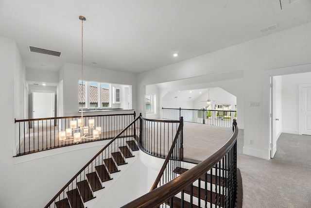 1758 Cousins Trl, Frisco, TX 75034 - staircase featuring carpet flooring, a chandelier, a ceiling fan, baseboards, and recessed lighting