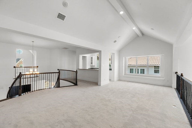 1758 Cousins Trl, Frisco, TX 75034 - unfurnished room with light colored carpet, beamed ceiling, high vaulted ceiling, and baseboards