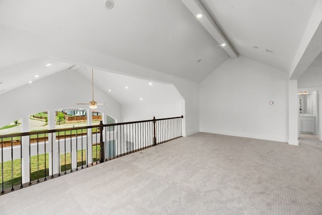 1758 Cousins Trl, Frisco, TX 75034 - additional living space featuring beam ceiling, light carpet, ceiling fan, high vaulted ceiling, and recessed lighting