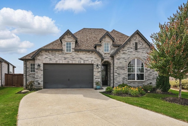 4121 Crossroads Ct, Oak Point, TX 75068 - french country home with concrete driveway, a garage, and brick siding