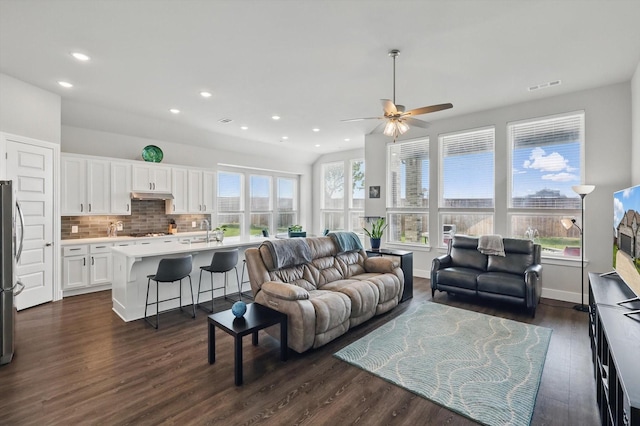4121 Crossroads Ct, Oak Point, TX 75068 - living area featuring dark wood-style floors, recessed lighting, and a ceiling fan