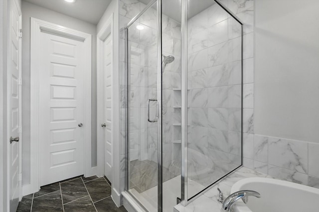 4121 Crossroads Ct, Oak Point, TX 75068 - full bathroom featuring marble finish flooring, a stall shower, and a garden tub