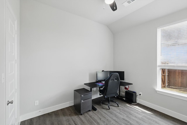 4121 Crossroads Ct, Oak Point, TX 75068 - office space with a ceiling fan, wood finished floors, and lofted ceiling