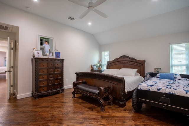 509 Farine Dr, Irving, TX 75062 - bedroom featuring dark wood-style flooring, recessed lighting, baseboards, vaulted ceiling, and a ceiling fan