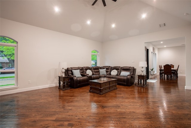 509 Farine Dr, Irving, TX 75062 - living area featuring high vaulted ceiling, dark wood-style flooring, a ceiling fan, baseboards, and recessed lighting