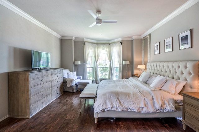 1433 Rogers Ct, Allen, TX 75013 - bedroom featuring ornamental molding, dark wood-type flooring, and a ceiling fan