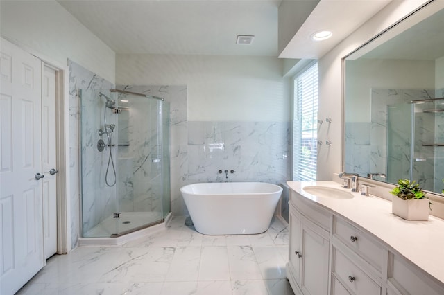 1433 Rogers Ct, Allen, TX 75013 - full bath featuring a marble finish shower, vanity, a freestanding bath, and recessed lighting