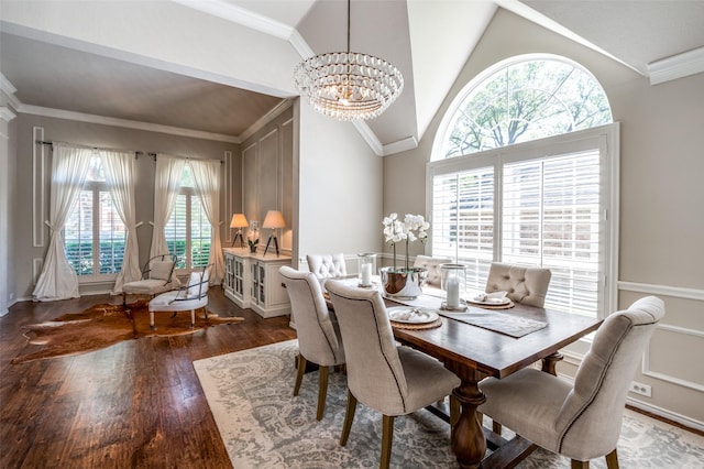 1433 Rogers Ct, Allen, TX 75013 - dining space featuring a chandelier, dark wood finished floors, lofted ceiling, and ornamental molding