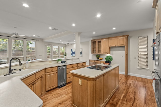 kitchen featuring a ceiling fan, a sink, appliances with stainless steel finishes, light wood finished floors, and recessed lighting