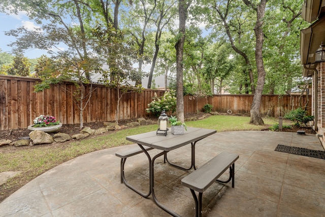 view of patio featuring a fenced backyard and outdoor dining area