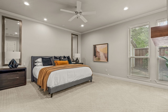 bedroom with light colored carpet, recessed lighting, baseboards, crown molding, and ceiling fan