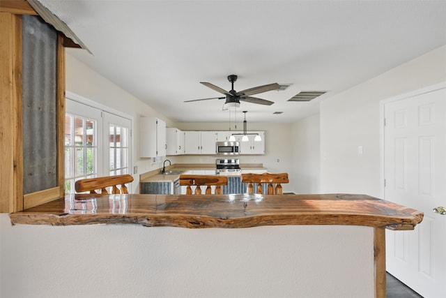 2324 Southway, Denton, TX 76207 - kitchen featuring stainless steel appliances, a sink, ceiling fan, white cabinets, and a peninsula
