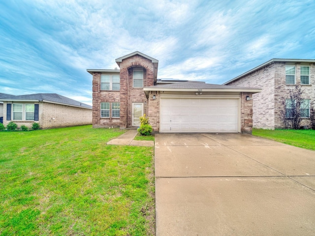 9228 Cheswick Dr, Fort Worth, TX 76123 - traditional-style house with driveway, a front yard, an attached garage, and brick siding