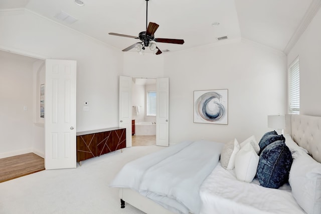 11393 Classic Ln, Frisco, TX 75033 - bedroom with lofted ceiling, crown molding, ensuite bath, and a ceiling fan