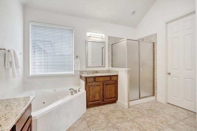11393 Classic Ln, Frisco, TX 75033 - full bathroom featuring a stall shower, vanity, a whirlpool tub, tile patterned flooring, and lofted ceiling