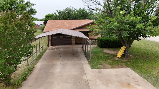 419 Travis St, Ranger, TX 76470 - view of front of home featuring stone siding, a carport, a front lawn, concrete driveway, and a garage