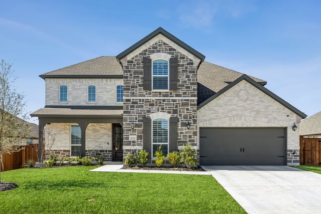 2171 Cloverfern Way, Haslet, TX 76052 - french country style house with stone siding, concrete driveway, an attached garage, and roof with shingles