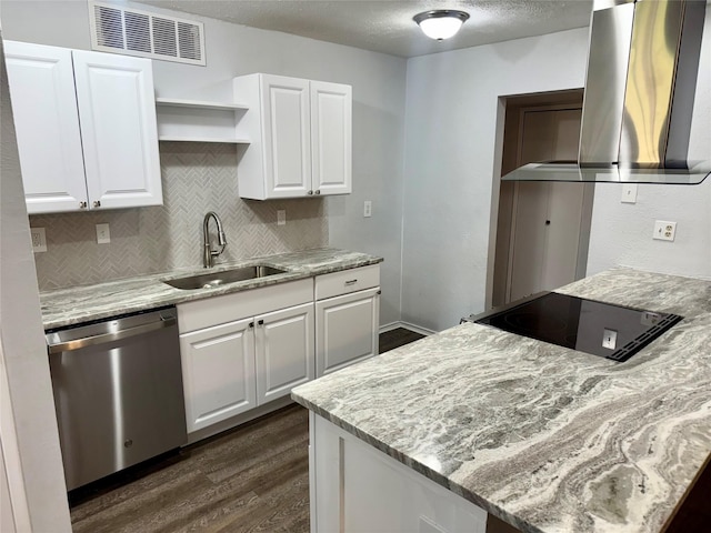 553 Oldbridge Dr, Allen, TX 75002 - kitchen with dishwasher, open shelves, a sink, dark wood finished floors, and exhaust hood