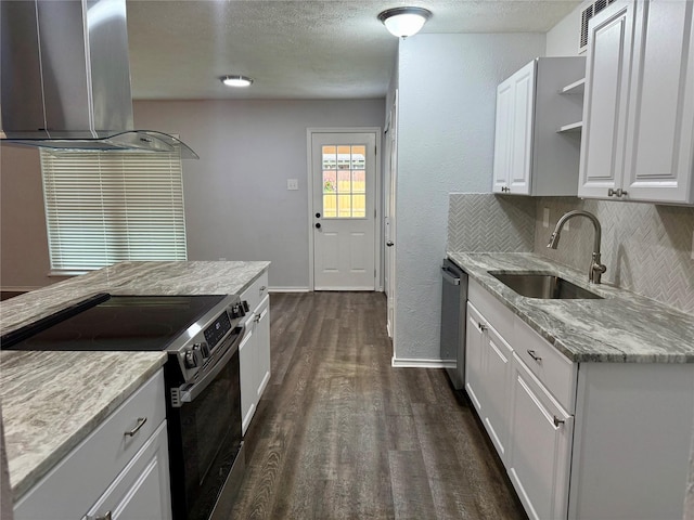 553 Oldbridge Dr, Allen, TX 75002 - kitchen with range with electric stovetop, a sink, island exhaust hood, dark wood-style floors, and open shelves