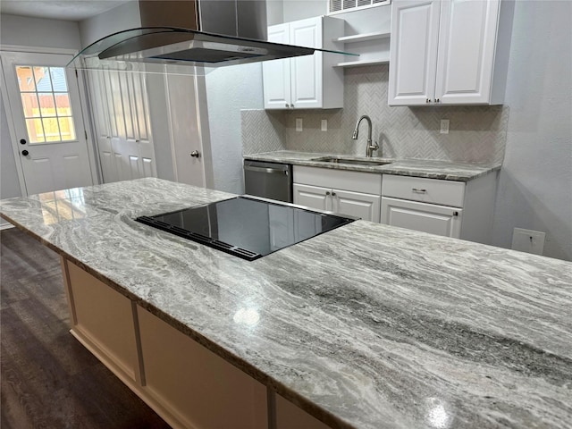 553 Oldbridge Dr, Allen, TX 75002 - kitchen with a sink, wall chimney range hood, dark wood-style flooring, light stone countertops, and stovetop with downdraft