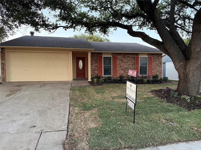 553 Oldbridge Dr, Allen, TX 75002 - ranch-style home with an attached garage, brick siding, driveway, a front lawn, and a shingled roof